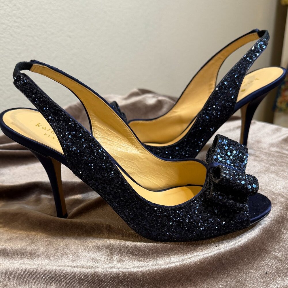KATE SPADE Navy Glitter Blue Bow Slingback Charm Heels 8 designer glam couquette - Picture 6 of 13